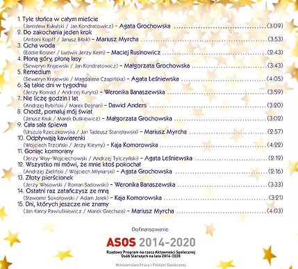 Tył okładki płyty "hity przez pokolenia"
1.  tyle słońca w całym mieście 
2. do zakochania jeden krok
3. cicha woda
4. płoną góry, płoną lasy
5. remedium
6. są takie dni w tygodniu
7. nie liczę godzin lat
8. chodż, pomaluj mój świat
9. cała sala śpiewa
10. odpływają kawiarenki 
11. goniąc kormorany
12. wszystko mi mówi, że mnie ktoś pokochał
13. złoty pierścionek
14. ostatni raz zatańczysz ze mną 
15. dni których jeszcze nie znamy